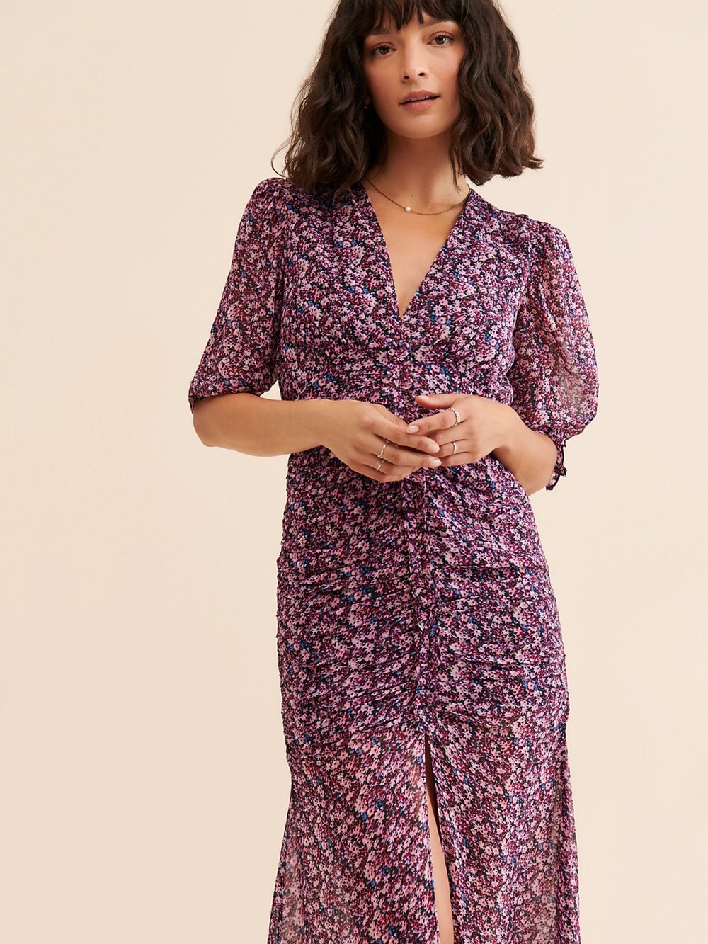 Saylor Blossom Ruched Floral Midi Dress M Wedding Guest
